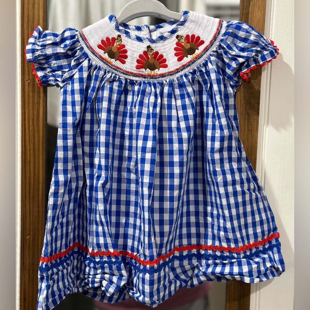 Lil Cactus Turkey Thanksgiving blue gingham smock embroidered dress 12 - 18 mth